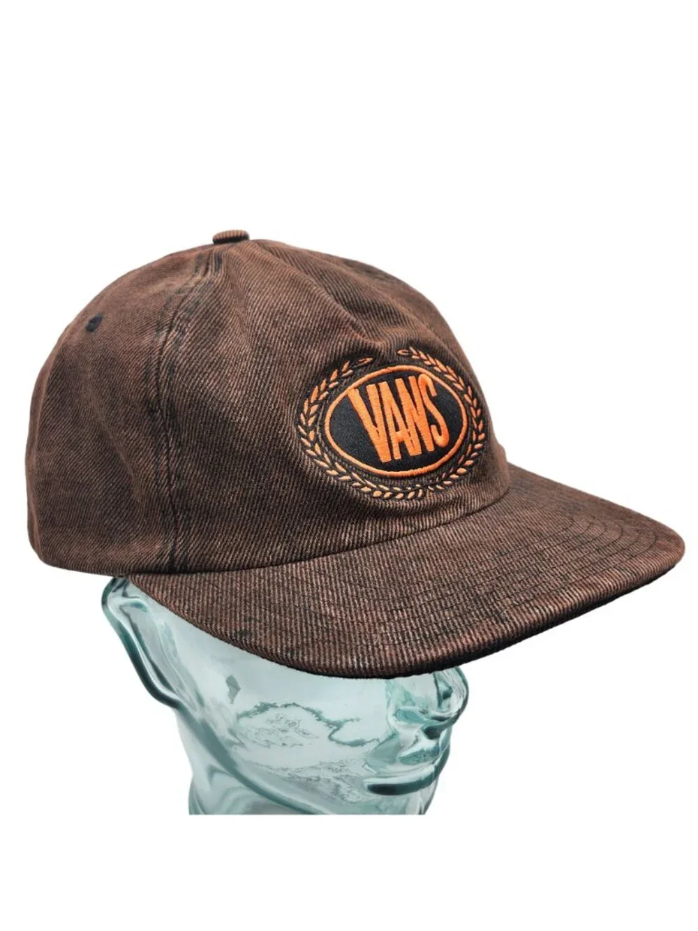 Vans Brown Denim Snapback Hat With Embroidered Orange Logo